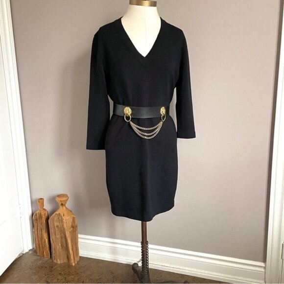 St John Black Wool Blend Santana Knit V-Neck Knee Dress - 6, made in USA 🇺🇸 - Picture 7 of 8